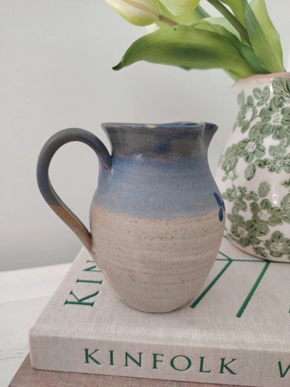 Handmade Blue and Cream Stoneware Pitcher - Rustic Ceramic Jug